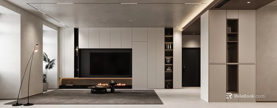 Modern Living Room Interior With TV Wall White Cabinets Fireplace Open Shelves And Decorative Items 3d model 