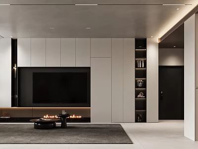Modern Living Room Interior With TV Wall White Cabinets Fireplace Open Shelves And Decorative Items 3d model