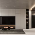 Modern Living Room Interior With TV Wall White Cabinets Fireplace Open Shelves And Decorative Items
