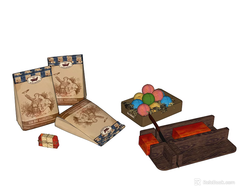 Vintage Themed Decorative Ornament Set with Paper Bags Wooden Box and Colorful Balls 3d model 