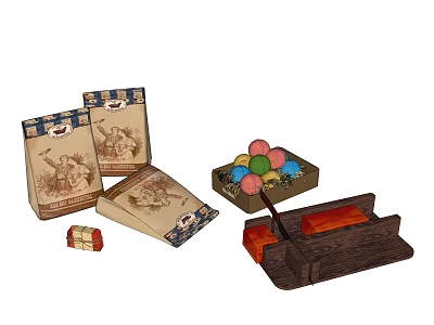 Vintage Themed Decorative Ornament Set with Paper Bags Wooden Box and Colorful Balls 3d model