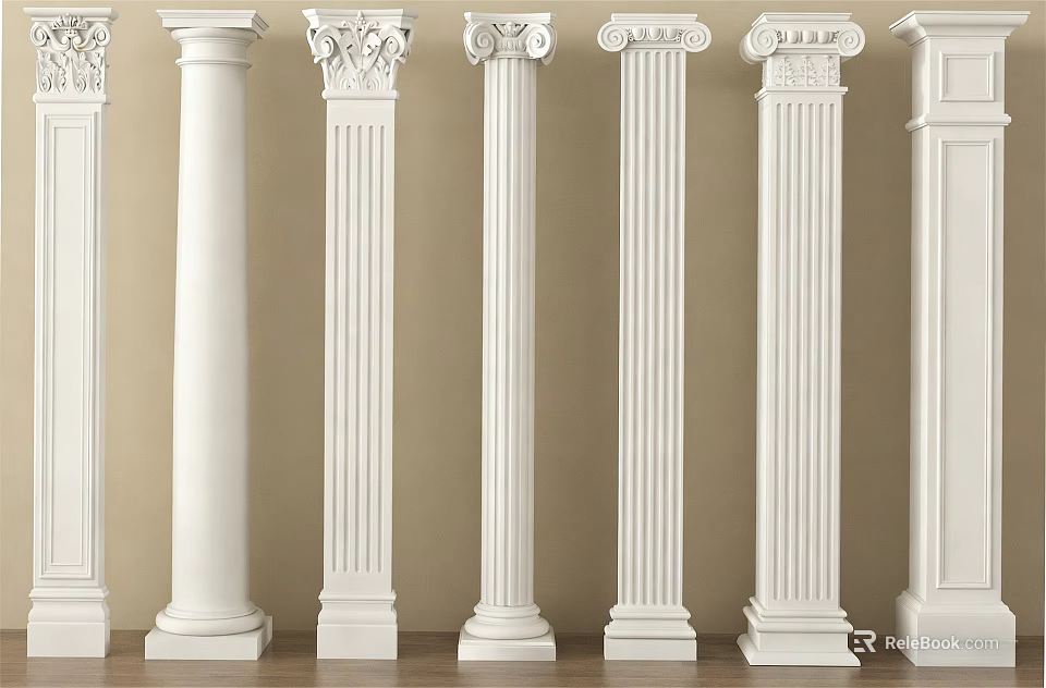 White Classical Decorative Columns Featuring Fluted Styles And Ornate Capitals For Interior Decoration 3d model 