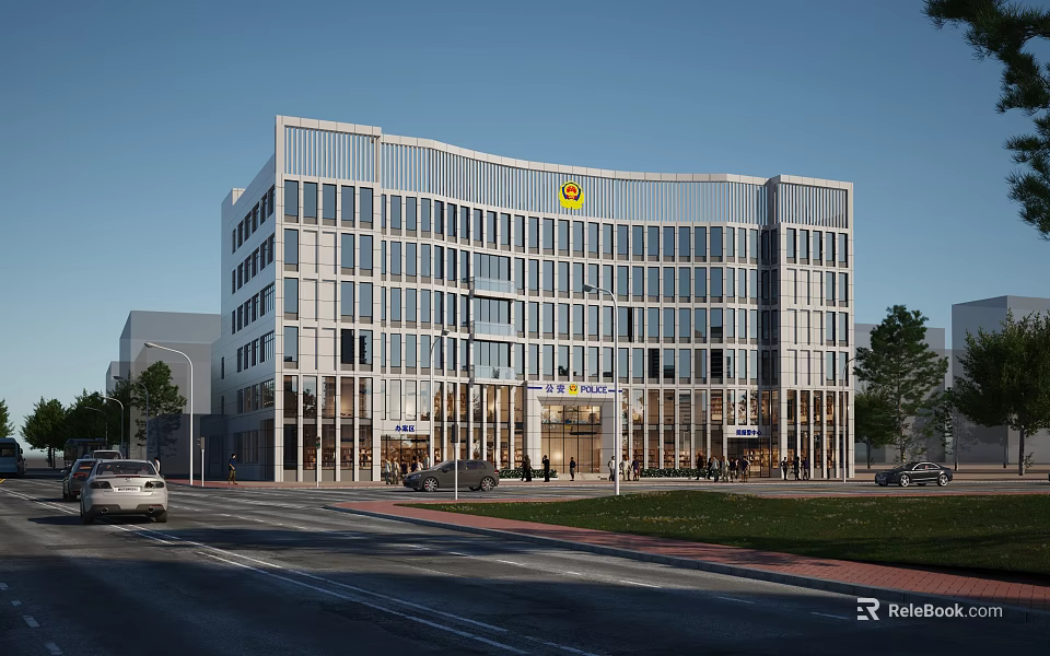 Modern Office Building With Glass Curtain Wall Street Cars Pedestrians And Trees 3d model 