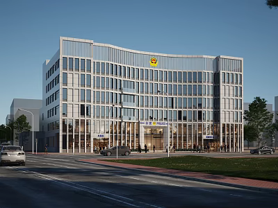 Modern Office Building With Glass Curtain Wall Street Cars Pedestrians And Trees 3d model