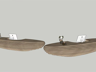 Brown Wave Shaped Reception Desks With Laptops On Each And Person Sitting 3d model