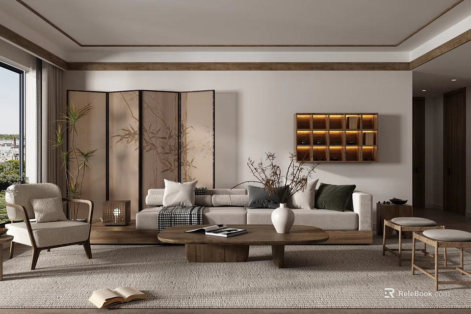 Living Room Interior Design With Bamboo Screen Beige Sofa Wooden Coffee Table And Green Plants 3d model 