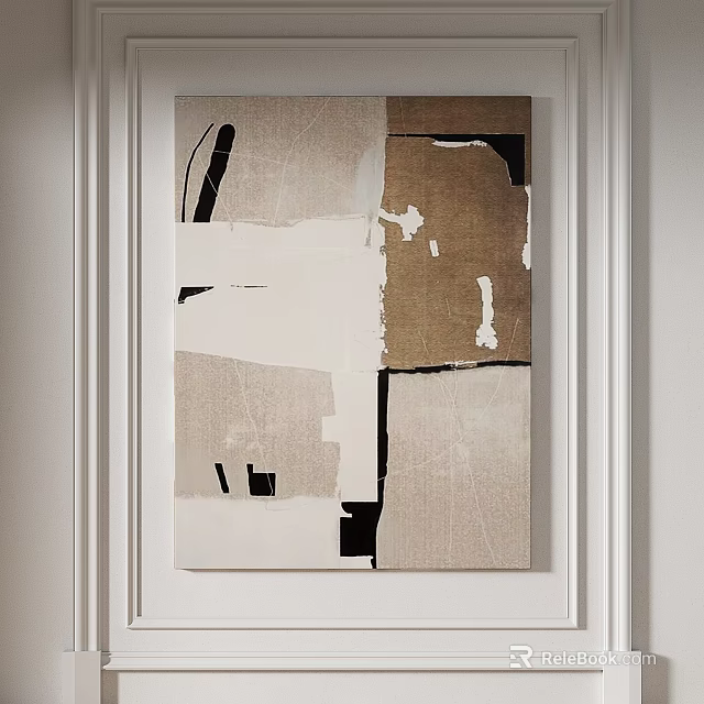 Abstract Painting With Taupe White Black Geometric Blocks And Collage Texture On White Wall 3d model 