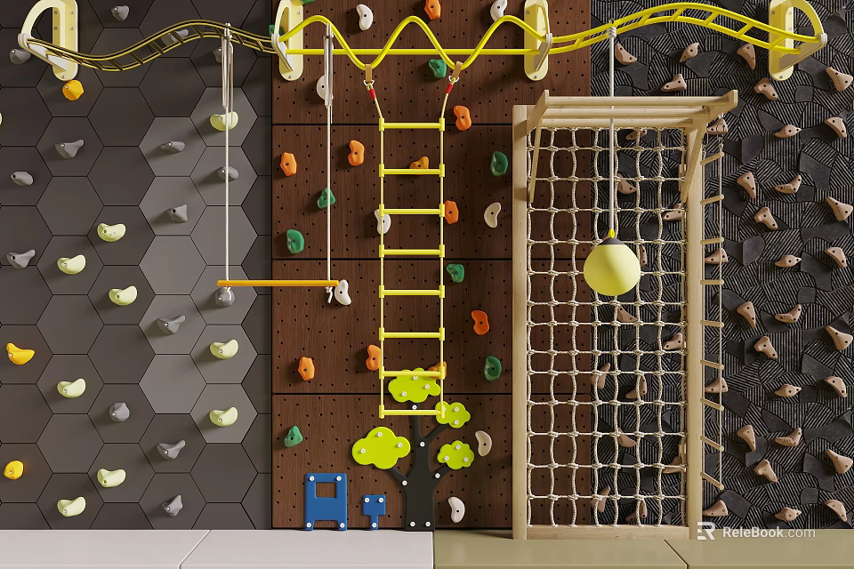 Indoor Kids Sports Equipment With Colorful Climbing Walls Yellow Ladder Net Structure And Hanging Ball 3d model 