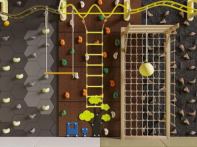 Indoor Kids Sports Equipment With Colorful Climbing Walls Yellow Ladder Net Structure And Hanging Ball 3d model