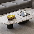Oval Modern Coffee Table With Marble Top Black Base Green Apples Glass Cups And Tray