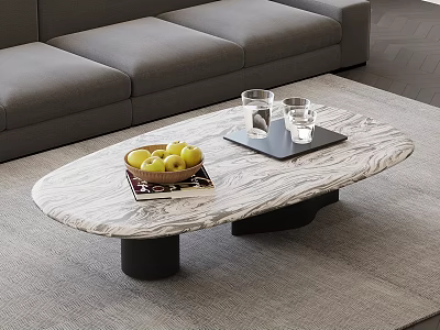 Oval Modern Coffee Table With Marble Top Black Base Green Apples Glass Cups And Tray 3d model