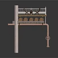 Wooden Platform Structure With Barrels Chairs Support Pillars And Metal Pipes