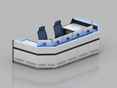 Modern Control Room Console With Blue Chairs And Illuminated Monitoring Equipment 3d model