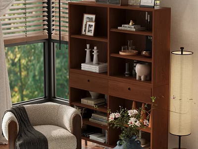 Wooden Bookcase Decorated with Photo Frames Candles Piggy Bank Near Window Blinds Armchair Floor Lamp 3d model