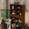 Wooden Bookcase Decorated with Photo Frames Candles Piggy Bank Near Window Blinds Armchair Floor Lamp