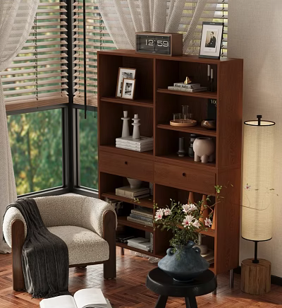Wooden Bookcase Decorated with Photo Frames Candles Piggy Bank Near Window Blinds Armchair Floor Lamp 3d model