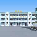 Modern Three Story School Building Exterior Design with Blue White Circular Emblems Greenery Pathways 3d model