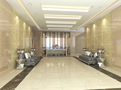 Modern Reception Lobby With Geometric Wall Design Elegant Lighting And Comfortable Sofas 3d model