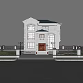 Two Story European Style Detached Villa With Large Windows Porch And Driveway