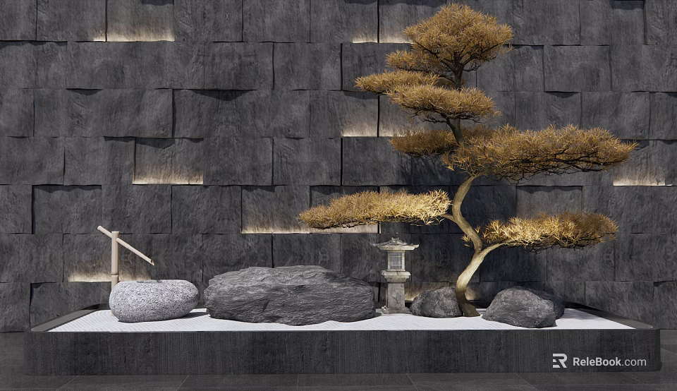 Gray Stone Landscape Wall Design With Lighted Recesses Golden Pine Tree Stones And Stone Lantern 3d model 