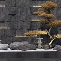Gray Stone Landscape Wall Design With Lighted Recesses Golden Pine Tree Stones And Stone Lantern
