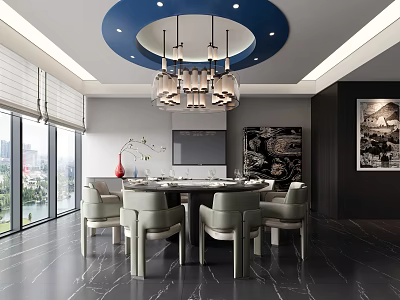 Modern Private Dining Room Interior With Round Table Chandelier And City View 3d model
