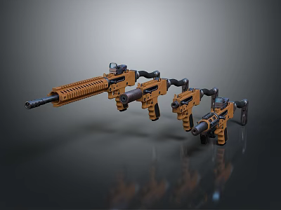 Three Different Sizes Yellow And Black Toy Weapon Models With Design Details 3d model