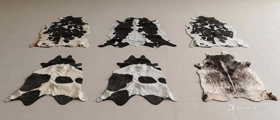 Unique Cow Print Shaped Rugs Placed On Light Colored Tile Floor 3d model 