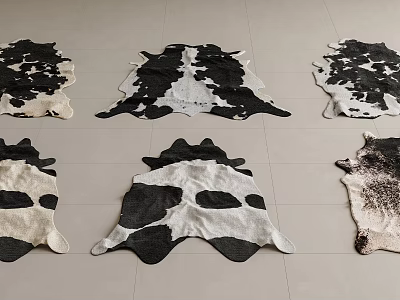 Unique Cow Print Shaped Rugs Placed On Light Colored Tile Floor 3d model