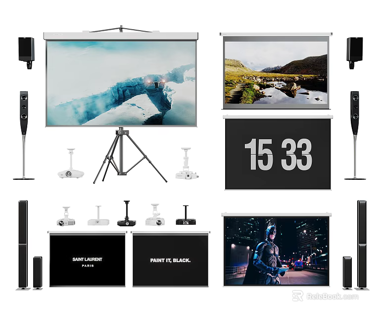 Projection Monitoring Equipment Including Various Screens Projectors Tripod Stands And Components 3d model 