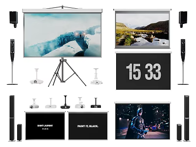 Projection Monitoring Equipment Including Various Screens Projectors Tripod Stands And Components 3d model
