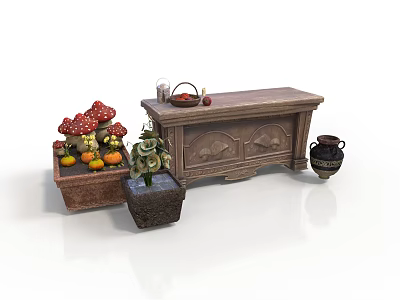 Vintage Interior Cabinet With Basket Apples Mushroom Decorations Flower Pots And Clay Pot 3d model