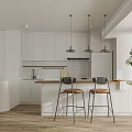 Modern Open Kitchen Dining Area With White Cabinets Island Counter Pendant Lights And Wooden Flooring
