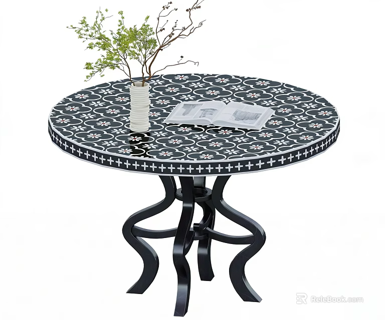 Round Black White Patterned Dining Table With Curved Metal Legs And White Vase Green Plant 3d model 