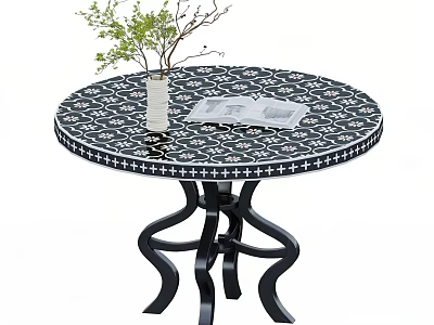 Round Black White Patterned Dining Table With Curved Metal Legs And White Vase Green Plant 3d model