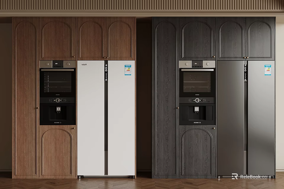 Modern Kitchen Cabinets In Brown White And Gray With Refrigerator And Oven 3d model 