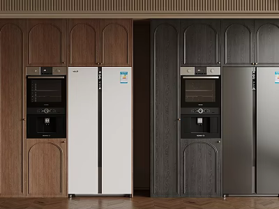Modern Kitchen Cabinets In Brown White And Gray With Refrigerator And Oven 3d model