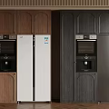 Modern Kitchen Cabinets In Brown White And Gray With Refrigerator And Oven