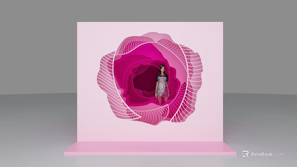 Creative Public Facility Pink Flower Shaped 3D Art Installation With Female Figure 3d model 