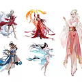 Ancient Chinese Style Game And Movie Characters In Elegant Flowing Colorful Robes With Dynamic Poses