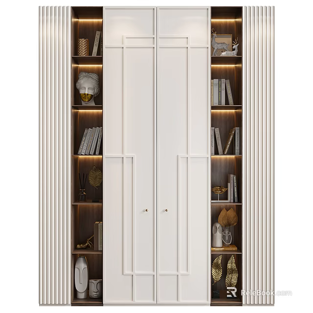 Modern White Bookcase With Sliding Doors Decorative Shelves And Lighting Details 3d model 