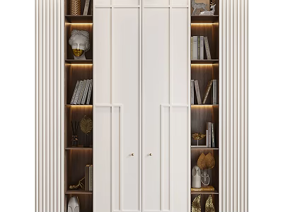 Modern White Bookcase With Sliding Doors Decorative Shelves And Lighting Details 3d model