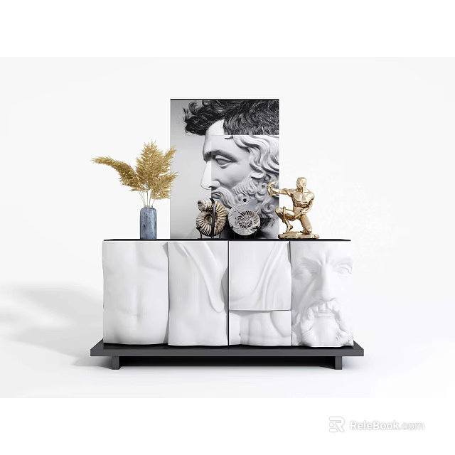 Elegant Black And White Sideboard Featuring Pampas Grass Blue Vase Sculpture And Classical Portrait 3d model 