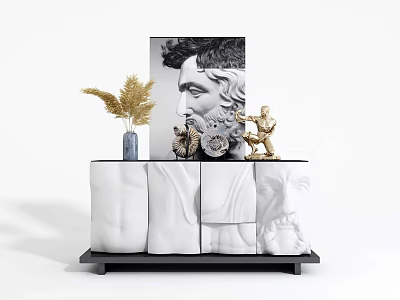 Elegant Black And White Sideboard Featuring Pampas Grass Blue Vase Sculpture And Classical Portrait 3d model