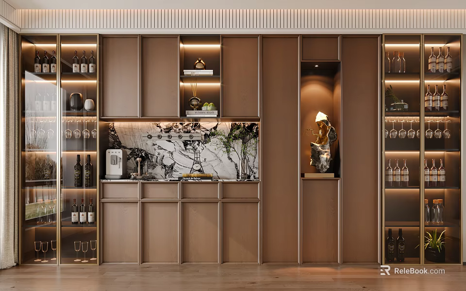 Modern Wooden Sideboard With Glass Door Storage Cabinets Marble Countertop And Decorative Lighting 3d model 