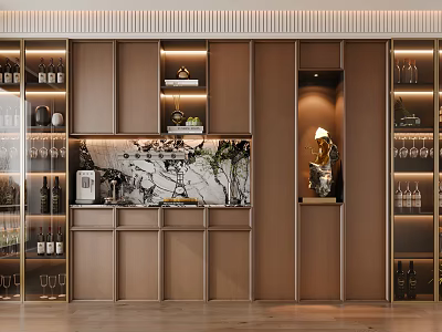 Modern Wooden Sideboard With Glass Door Storage Cabinets Marble Countertop And Decorative Lighting 3d model