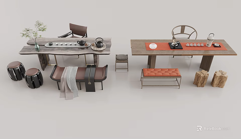 Modern Tea Table And Chairs With Tea Sets Cushions And Decorative Plants 3d model