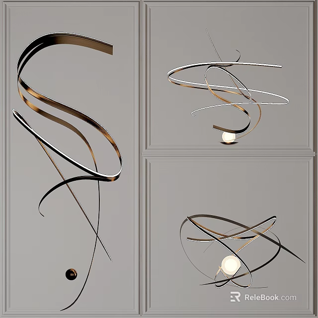 Modern Curved Metallic Chandelier Design With Spiral Metal Structure And Light Bulb 3d model 