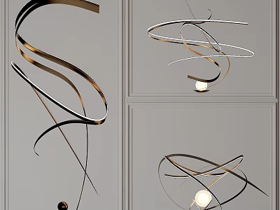 Modern Curved Metallic Chandelier Design With Spiral Metal Structure And Light Bulb 3d model