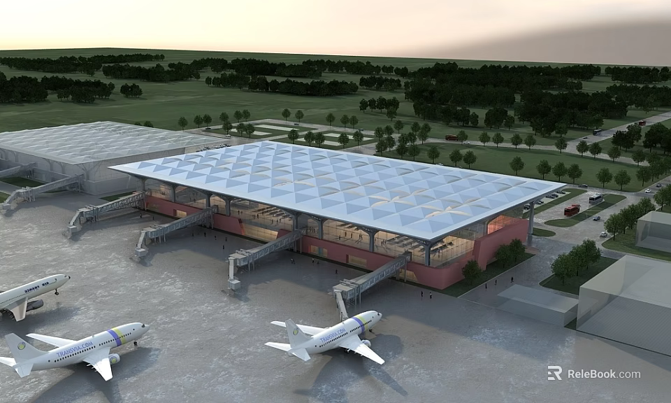 Aerial Planning of Airport Terminal Building With Geometric Roof Airplanes and Green Surroundings 3d model 